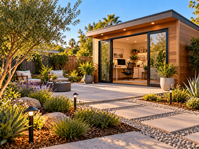 backyard office studio landscaping pad